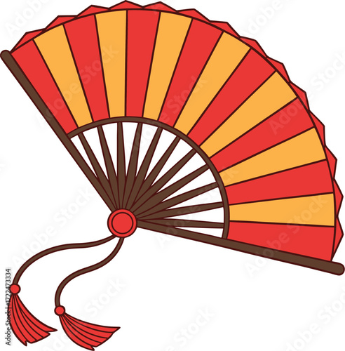 Bright Stylized Hand Fan with Red Tassel and Wooden Ribs  Flat Illustration of Colorful Traditional Fan on White Background
