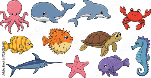 Cartoon sea animal vector set, colorful marine creatures illustration, ocean wildlife icons, underwater character design, playful aquatic graphics