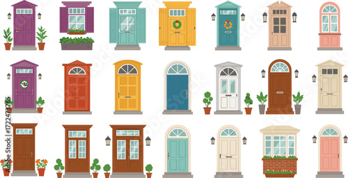 Front door vector set, residential entryway illustrations, architectural design elements, colorful house doors, home exterior icons, decorative entrances