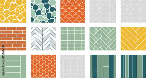 Tile pattern vector set, geometric surface textures, abstract design collection, colorful square backgrounds, architectural layout, interior decor inspiration