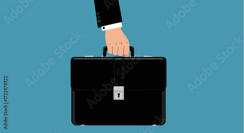 Hand holding a black briefcase against a blue background.