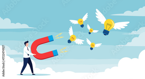 Man Attracting Flying Lightbulb Ideas with Giant Magnet.
