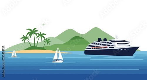 Cruise ship sailing near tropical island with sailboats.