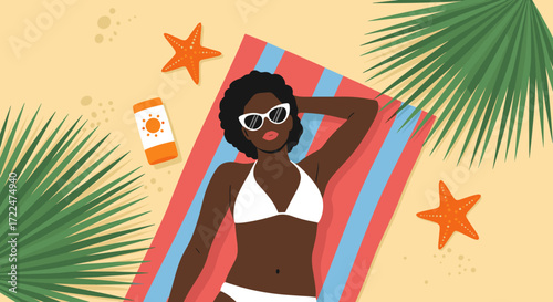 Woman sunbathing on beach with palm trees and starfish.