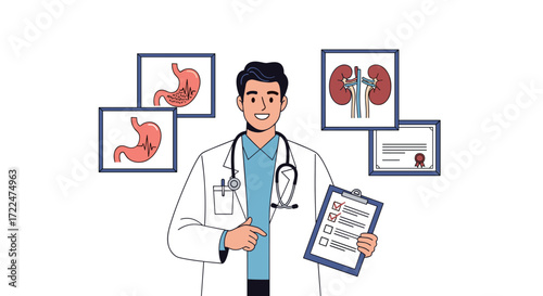 Doctor with Medical Illustrations of Stomach and Kidneys.