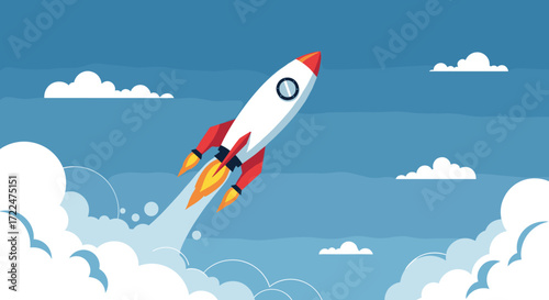 Rocket Launching into the Sky with Clouds.