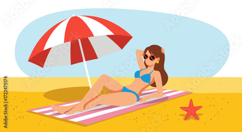Woman Relaxing on Beach Under Umbrella with Starfish.