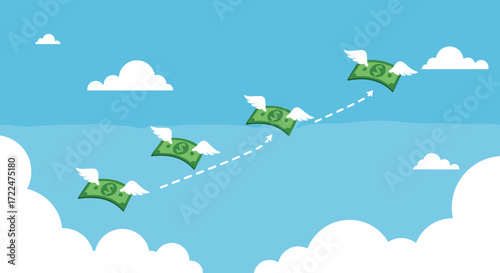 Money Flying with Wings in a Cloudy Sky.