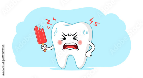 Cartoon Tooth Experiencing Pain From Cold Ice Cream.
