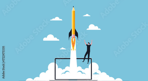 Business Rocket Launching From Laptop Screen With Person Watching.