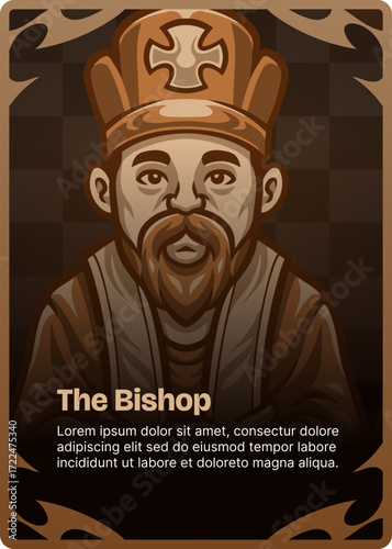 Illustration of a bishop with a brown color scheme and ornate frame, the 'Bishop' title is featured