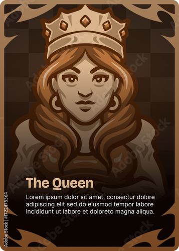 Vector art illustration of a powerful queen on a fantasy game card, a strategic figure in a medieval kingdom