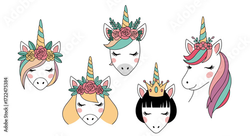 Set of Five Adorable Unicorn Heads with Floral Decorations.
