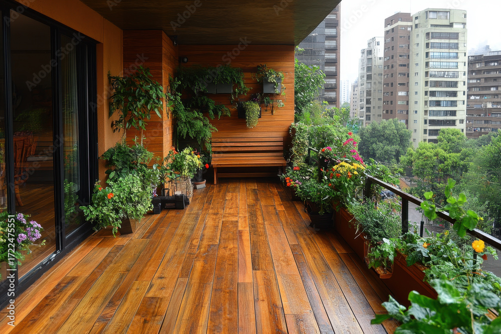 Obraz premium Potted plants on a wooden deck.