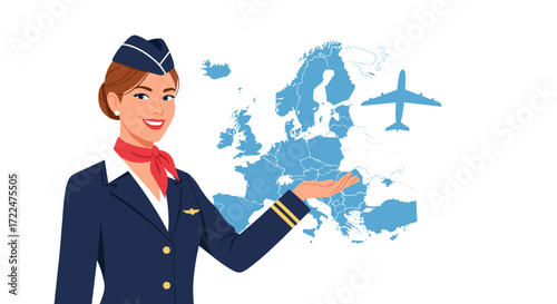 Flight attendant presenting Europe map with airplane illustration.