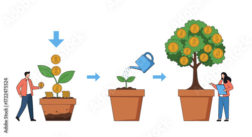 Financial Growth Concept Illustration Showing Investment and Plant Development.