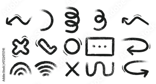 Charcoal scribbles set, abstract symbols and freehand signs, arrows and frames. Graphic design elements. Vector illustration.