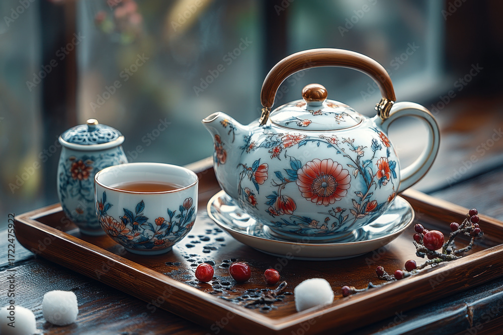 Fototapeta premium Tea cup and saucer on tray.