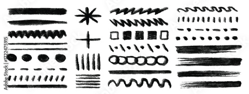 Charcoal scribbles and doodles in black line, abstract freehand brush drawings, design elements and decorative stickers, dividers, lines, curves. Shapes and borders. Vector art.