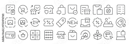 E-Commerce set of web icons in line style. Online shopping icons for web and mobile app. Business, mobile shop, digital marketing, bank card, gifts, sale, delivery. Vector illustration