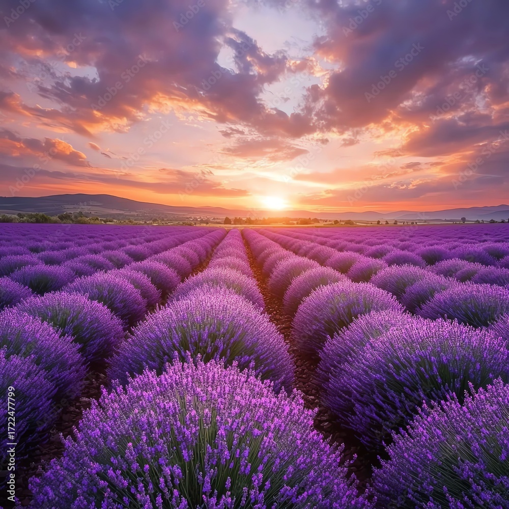 Obraz premium Lavender field sunset, vibrant purple blooms, beautiful sky. Use nature background high resolution for isolate image