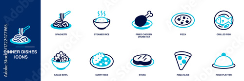 Dinner Dishes Blue Colored Outline Icon Set