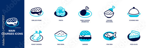 Main Courses Blue Colored Outline Icon Set