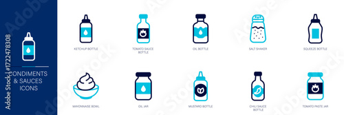 Condiments and Sauces Blue Colored Outline Icon Set