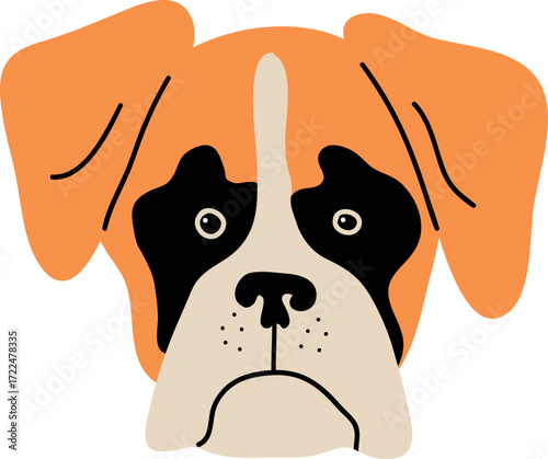 A cartoon boxer dogs face with orange ears and black markings