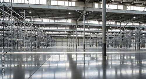 Empty warehouse interior industrial building storage space distribution center logistics area racks system