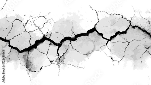 
Black and white grunge texture with cracks. Texture for design, background, cover. Vector illustration of a broken concrete wall. Night effect. No color. White, clean, isolated background.