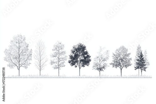 Architectural Drawings, Minimal style cad tree line drawing, Side view, set of section wetland forest outline for landscape design drawing Vector illustration in seperate element