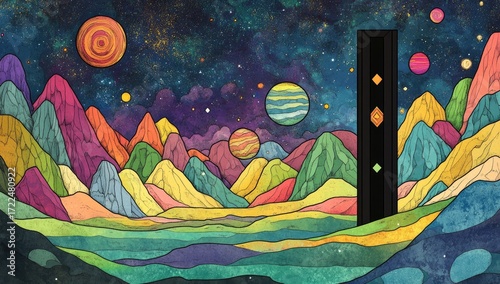 Colorful, stylized landscape of vibrant mountains, planets, and a dark structure against a night sky