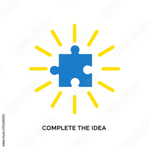Creative flat vector icon — Flat vector 2D design puzzle piece with rays and quote Complete the Idea