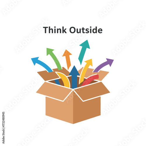 Creative flat vector icon — Flat vector 2D design creative box icon with arrows and quote Think Outside