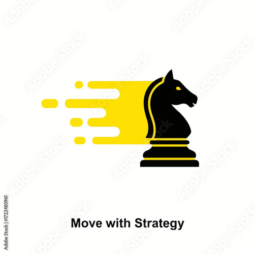 Creative flat vector icon — Flat vector 2D design chess knight icon with trail and quote Move with Strategy