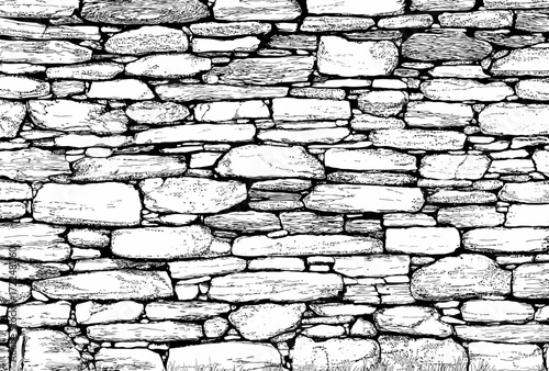 
Black and white vector drawing of a stone wall texture, seamless pattern.