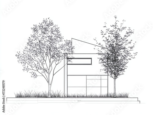 Architectural Drawings, Minimal style cad tree line drawing, Side view, set of section wetland forest outline for landscape design drawing Vector illustration in seperate element