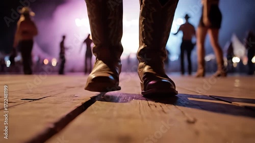 Slow-Motion Tracking Shot of Western Boots Tapping on Rustic Timber Floor with Festival Lights and Dancing Silhouettes