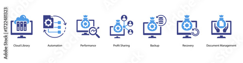 Cloud Efficiency web banner vector illustration featuring Cloud Library, Automation, Performance, Profit Sharing, Backup, Recovery, and Document Management.