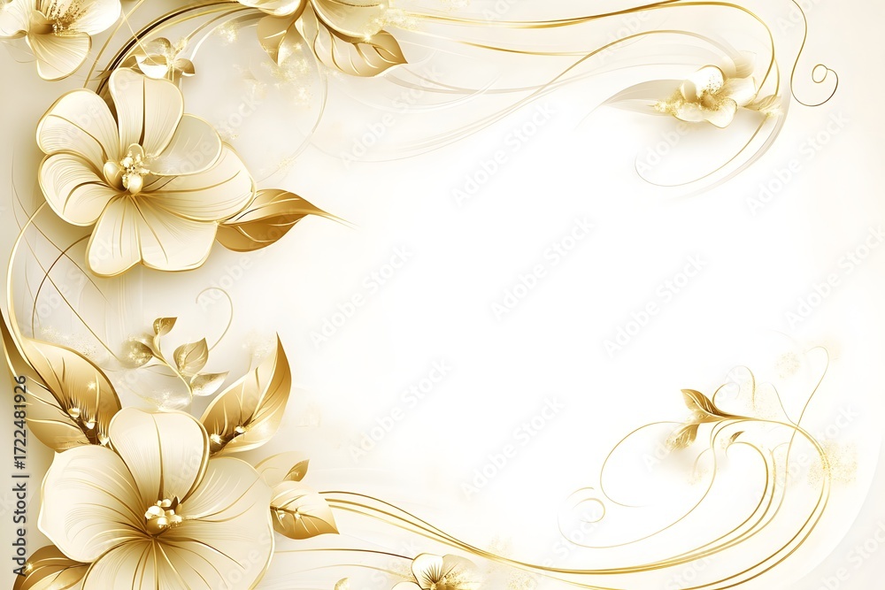 Naklejka premium Elegant floral border with delicate cream and gold blossoms and swirling decorative vines on a soft textured background for invitations and graphic design