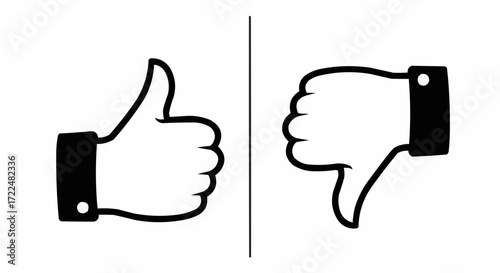 Thumbs up and thumbs down icons isolated on white background, representing approval and disapproval, like and dislike, or positive and negative feedback