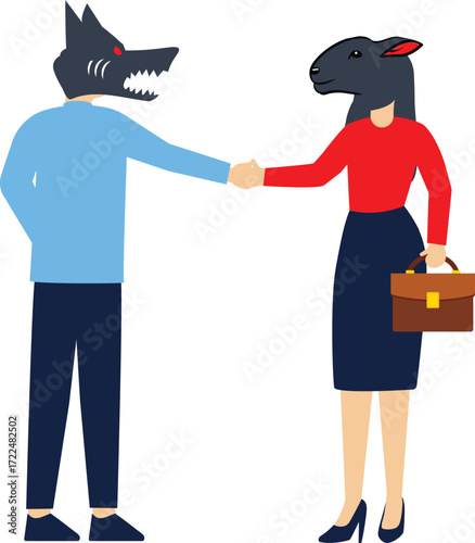The wolf manager shakes hands with the sheep businessman to agree, the ruling class cooperates with the ruled class


