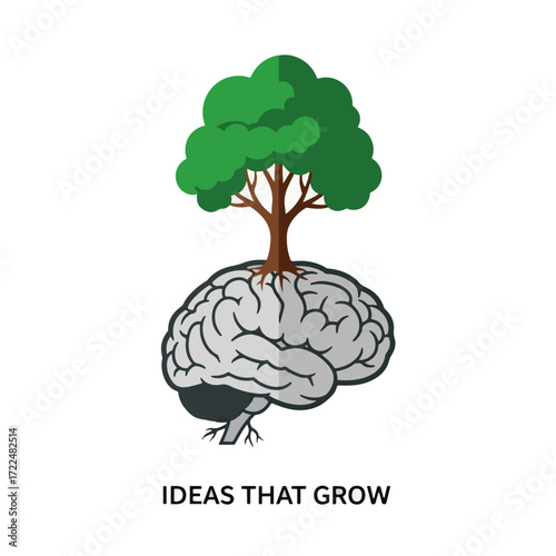 Creative flat vector icon — Flat vector 2D design brain tree icon with quote Ideas that Grow