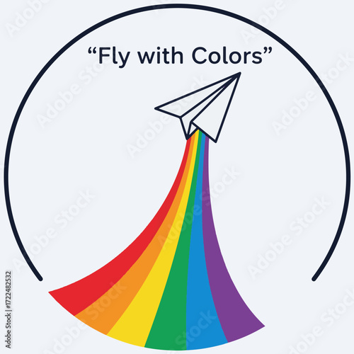 Creative flat vector icon — Flat vector 2D design paper airplane rainbow icon with quote Fly with Colors