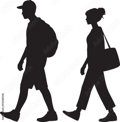 Silhouette of Man and Woman Walking with Bags, Vector Illustration
