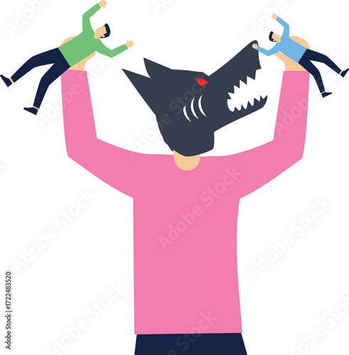 The huge wolf manager pinches the little businessman and prepares to eat the businessman

