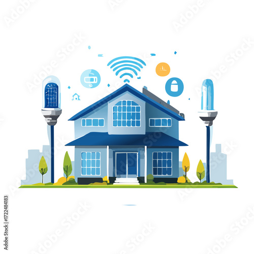 Modern Smart Home with Automated Security, Connected Lighting, and High-Tech Entertainment System
