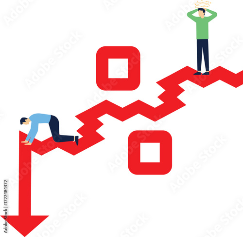 falling percentage sign, inflation, decrease in profits, decrease or loss of investment earnings, group of businessmen on falling percentage sign arrows

