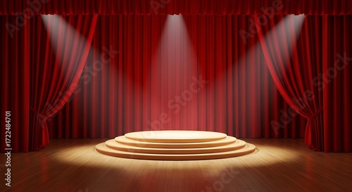 A tiered wooden stage with red velvet curtains and spotlights, creating a dramatic and elegant setting for a performance or award ceremony